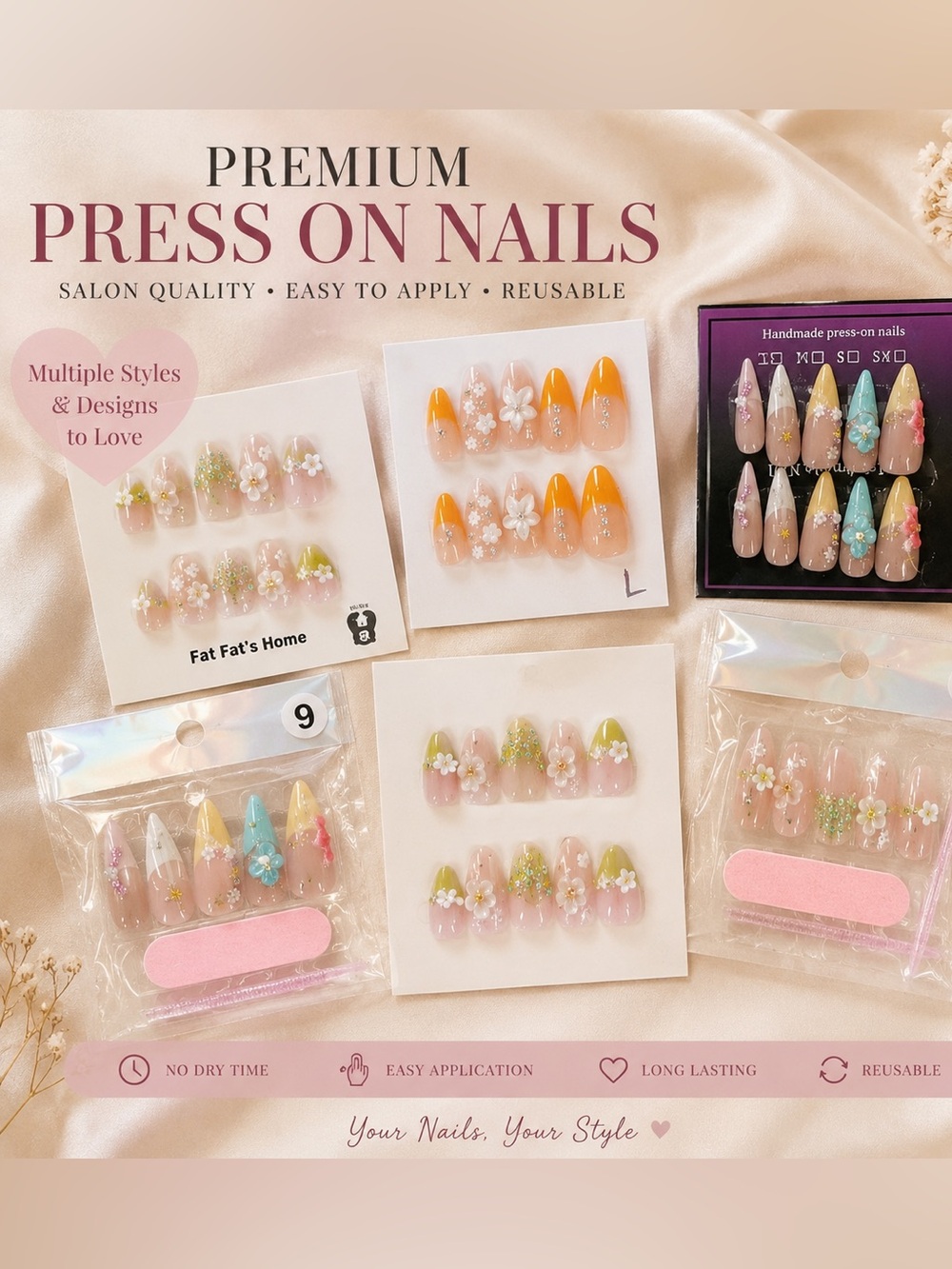 ✨ Handmade Press-On Nail Bundle | 6 Pairs | Size Large | 3D Floral, Daisy,